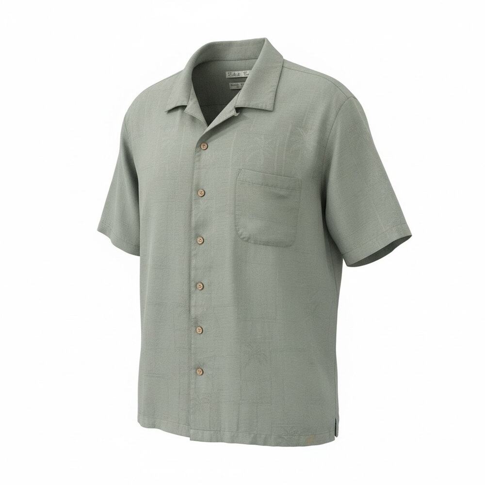 Batik Bay Men's XXL 100% Silk Camp Collar Shirt Sage Green Tropical Jacquard